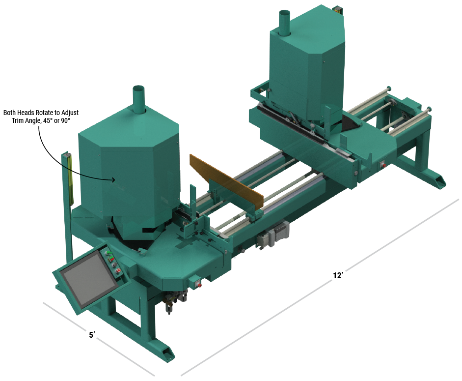 The 979-2 CNC Miter Trim Saw, 12 feet long by 5 feet wide, with both heads rotating to a 45° or 90° trim angle